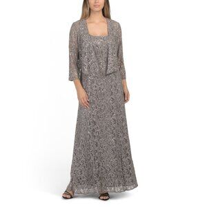 ALEX EVENINGS Charcoal Sleeveless Lace Maxi Dress With Matching Jacket